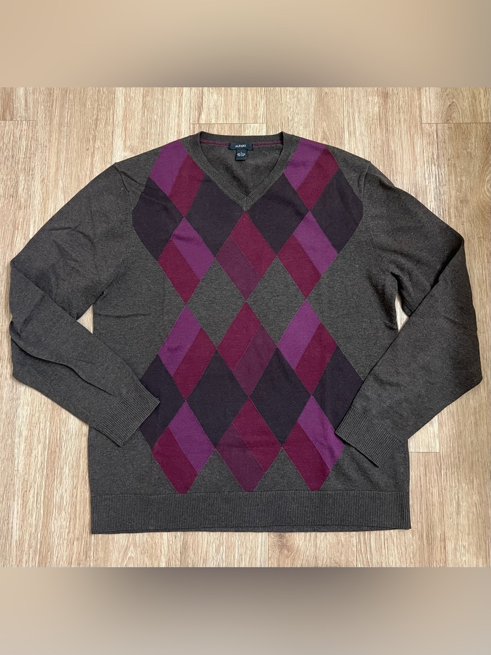 Alfani Men’s Charcoal V-Neck Argyle Sweater with Purple and Burgundy Diamonds